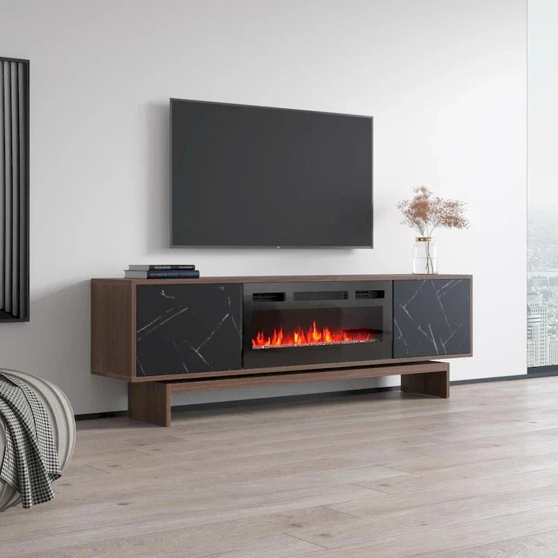 Meuble TV cheminée électrique noyer, style moderne, convient aux téléviseurs jusqu'à 80", 2 coloris