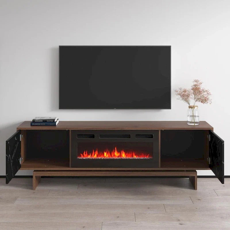 Meuble TV cheminée électrique noyer, style moderne, convient aux téléviseurs jusqu'à 80", 2 coloris