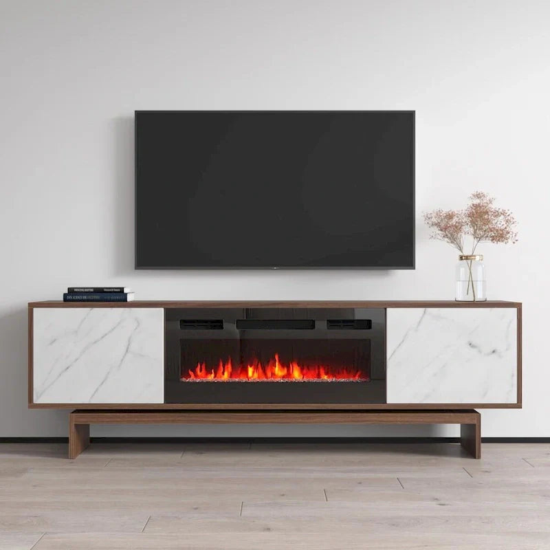 Meuble TV cheminée électrique noyer, style moderne, convient aux téléviseurs jusqu'à 80", 2 coloris