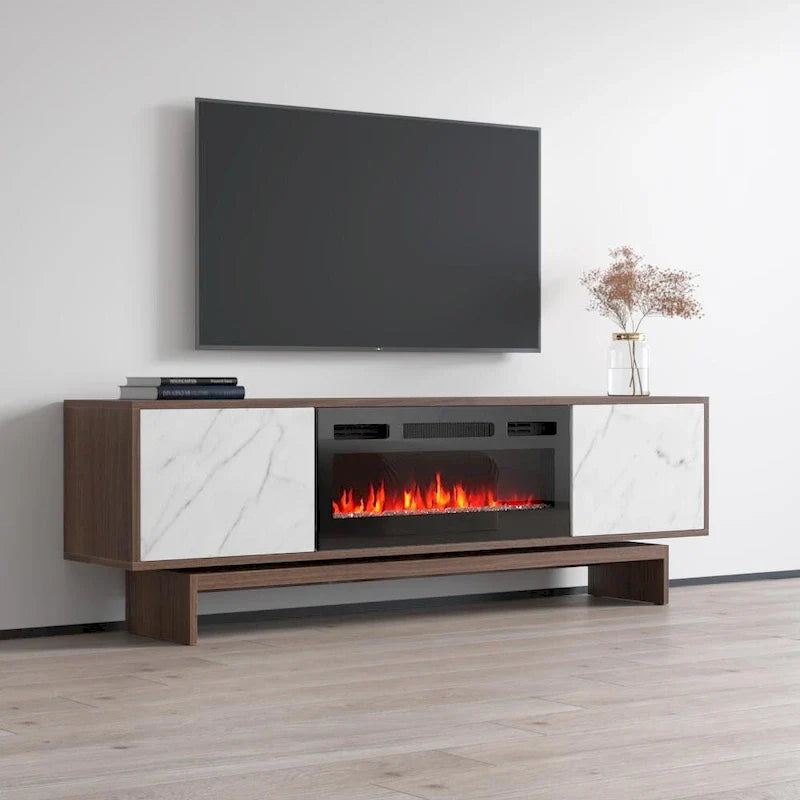 Meuble TV cheminée électrique noyer, style moderne, convient aux téléviseurs jusqu'à 80", 2 coloris
