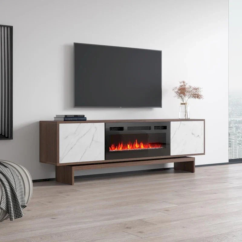 Meuble TV cheminée électrique noyer, style moderne, convient aux téléviseurs jusqu'à 80", 2 coloris