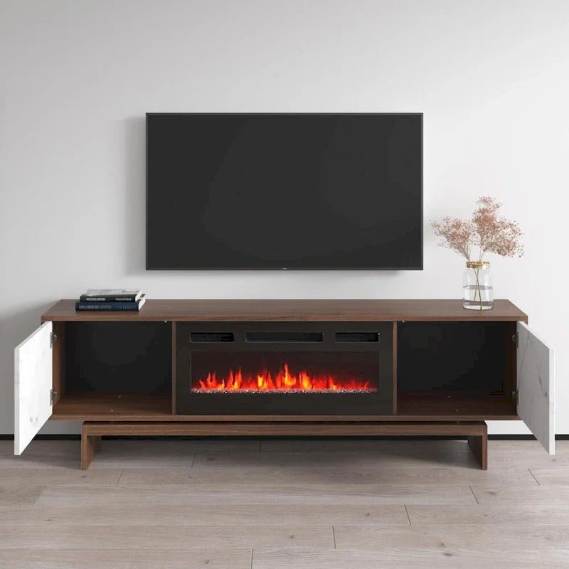 Meuble TV cheminée électrique noyer, style moderne, convient aux téléviseurs jusqu'à 80", 2 coloris