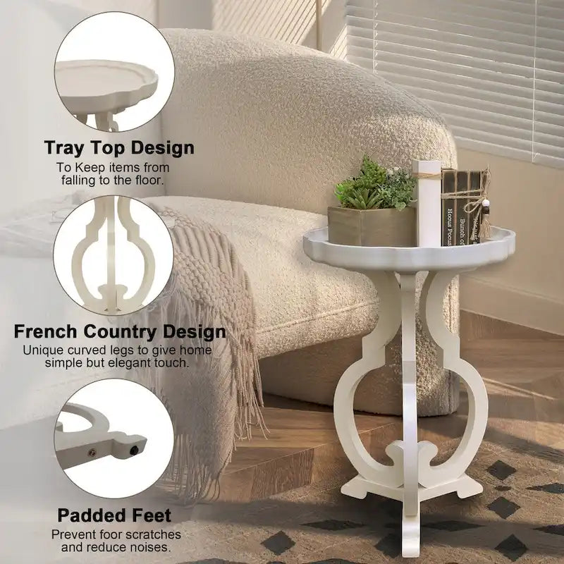Table d'appoint ronde en bois naturel, plateau festonné, pieds incurvés, unique