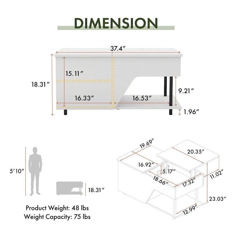 Table basse relevable noire avec lumières LED RVB et étagère réglable – 1 personne