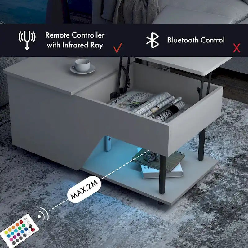 Table basse relevable noire avec lumières LED RVB et étagère réglable – 1 personne