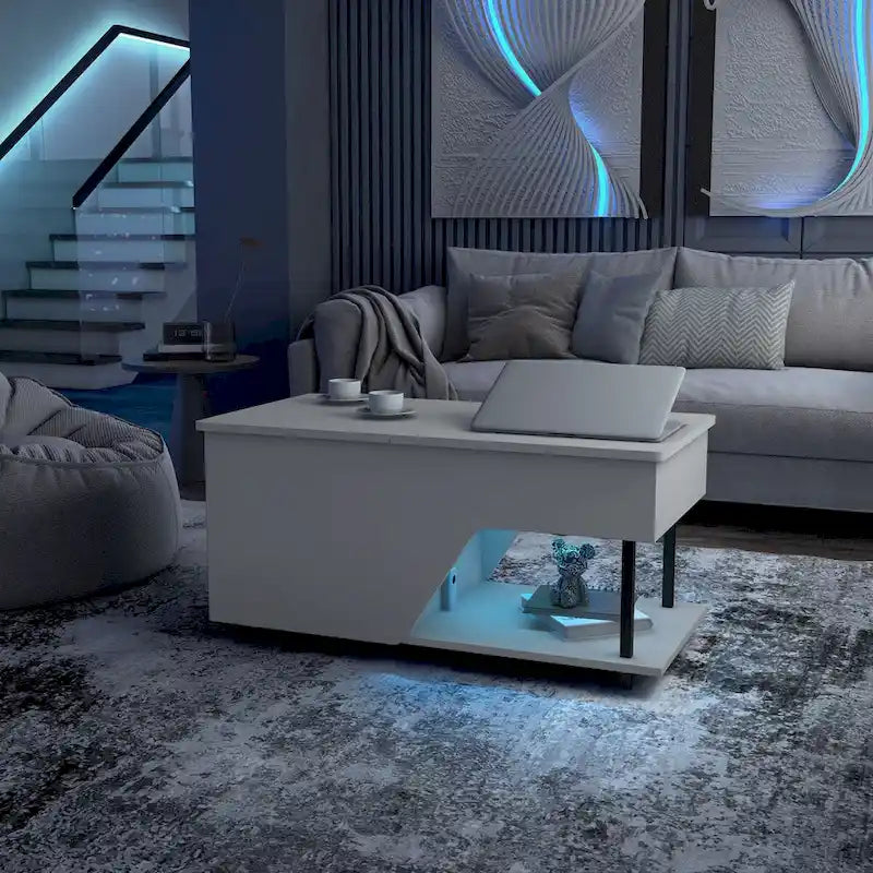 Table basse relevable noire avec lumières LED RVB et étagère réglable – 1 personne
