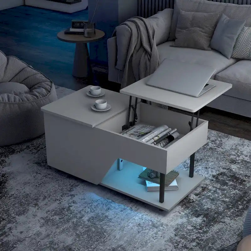 Table basse relevable noire avec lumières LED RVB et étagère réglable – 1 personne