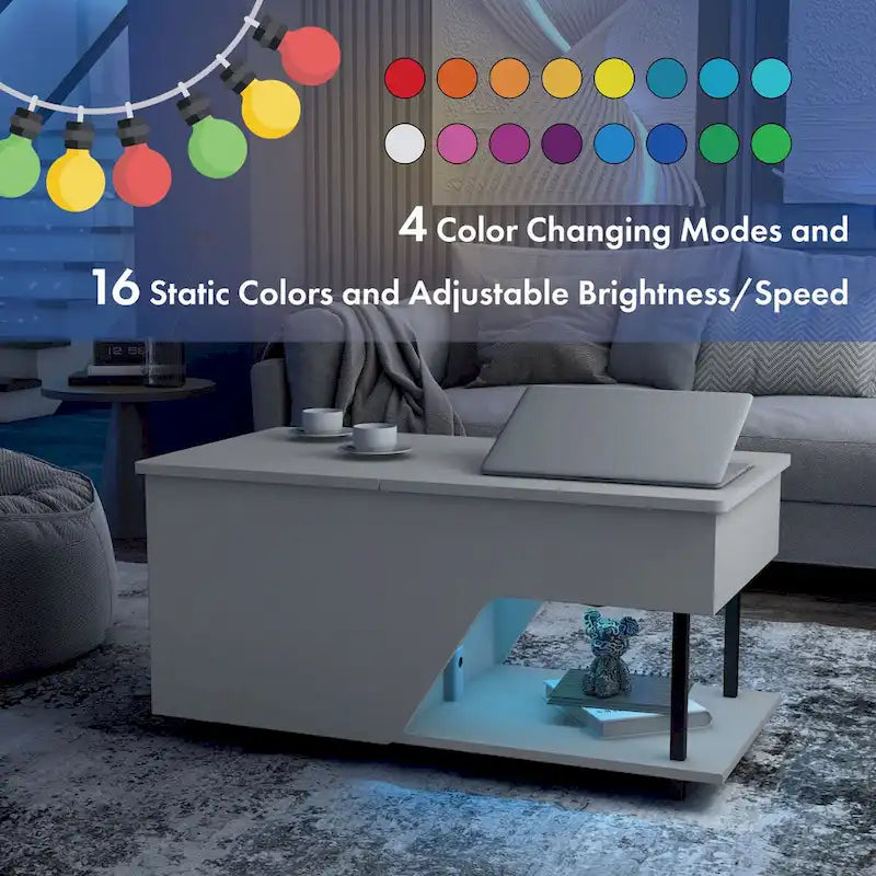 Table basse relevable noire avec lumières LED RVB et étagère réglable – 1 personne