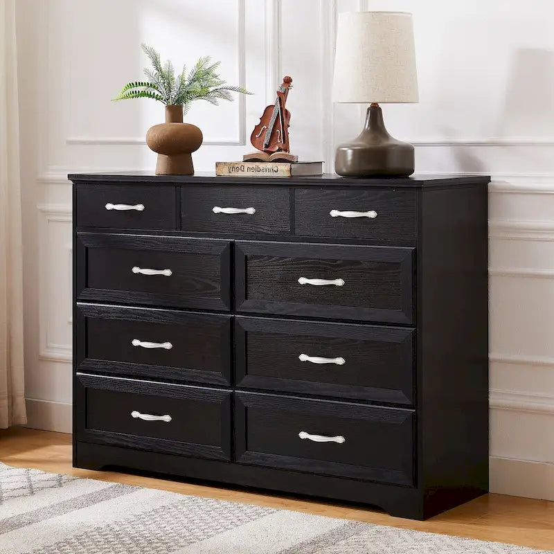 Commode noire et blanche à 9 tiroirs, style porte de grange