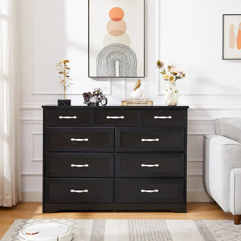 Commode noire et blanche à 9 tiroirs, style porte de grange