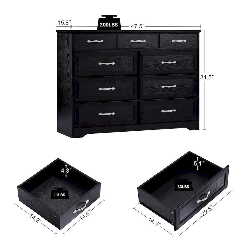 Commode noire et blanche à 9 tiroirs, style porte de grange