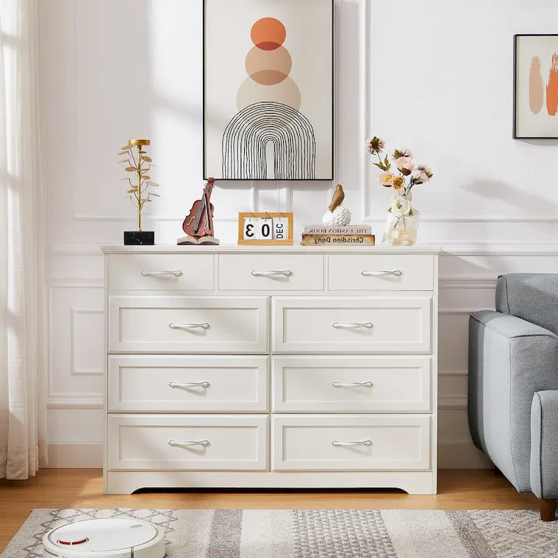 Commode noire et blanche à 9 tiroirs, style porte de grange