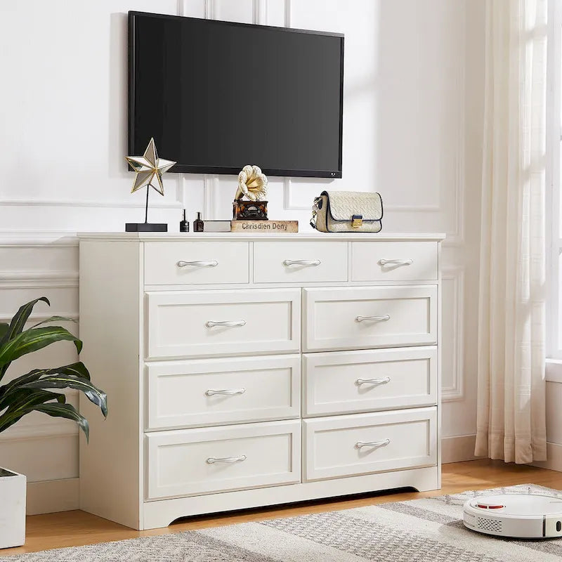 Commode noire et blanche à 9 tiroirs, style porte de grange