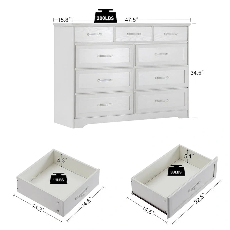 Commode noire et blanche à 9 tiroirs, style porte de grange