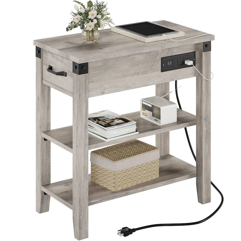 Table d'appoint grise étroite avec tiroir, plateau relevable et station de charge – Assemblage par 1 personne