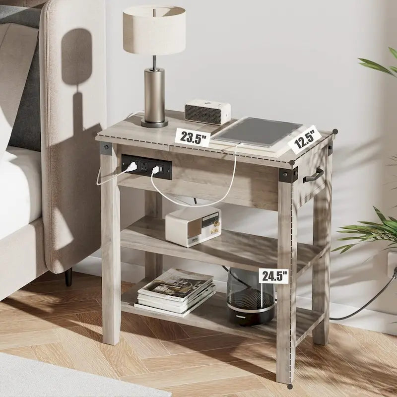 Table d'appoint grise étroite avec tiroir, plateau relevable et station de charge – Assemblage par 1 personne