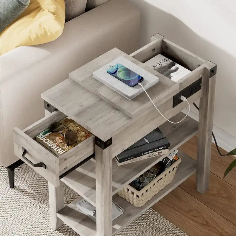 Table d'appoint grise étroite avec tiroir, plateau relevable et station de charge – Assemblage par 1 personne