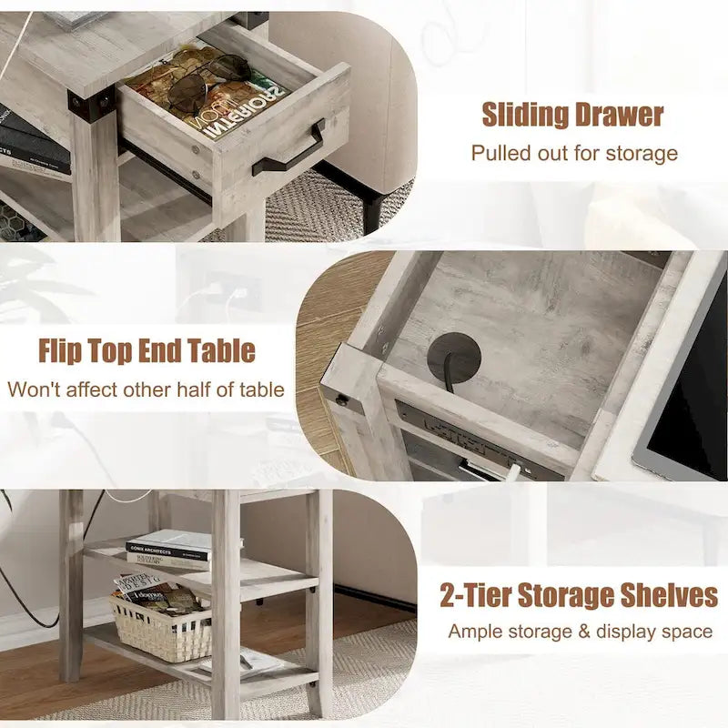 Table d'appoint grise étroite avec tiroir, plateau relevable et station de charge – Assemblage par 1 personne