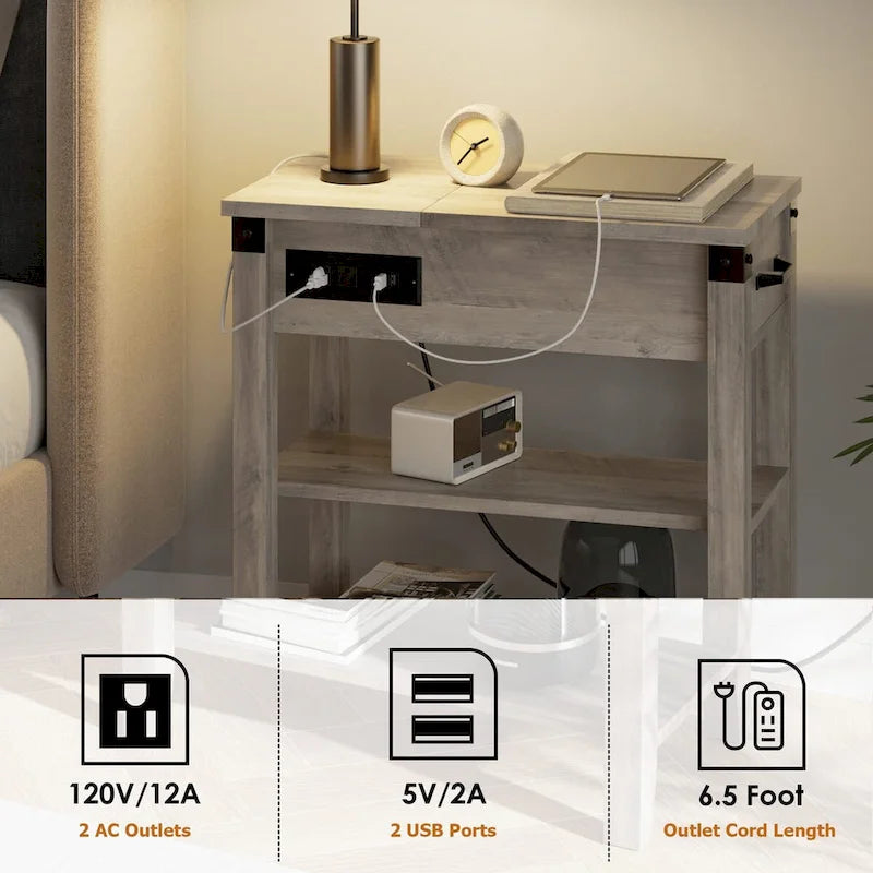 Table d'appoint grise étroite avec tiroir, plateau relevable et station de charge – Assemblage par 1 personne