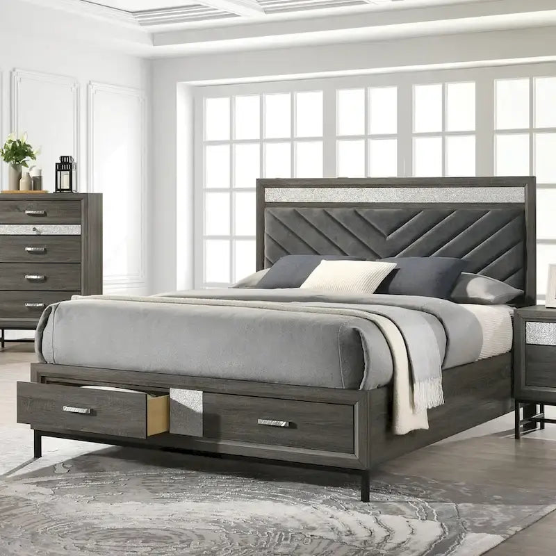 Lit Plateforme Gris Chevron avec Tiroirs de Rangement | Lit King / Queen / Double | 1 à 2 Personnes