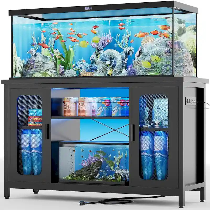 Meuble aquarium 2-en-1 chêne noir/gris avec éclairage LED et prises de courant, 2 réservoirs