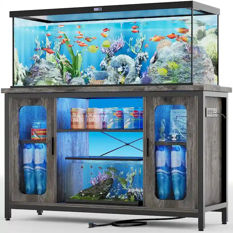 Meuble aquarium 2-en-1 chêne noir/gris avec éclairage LED et prises de courant, 2 réservoirs