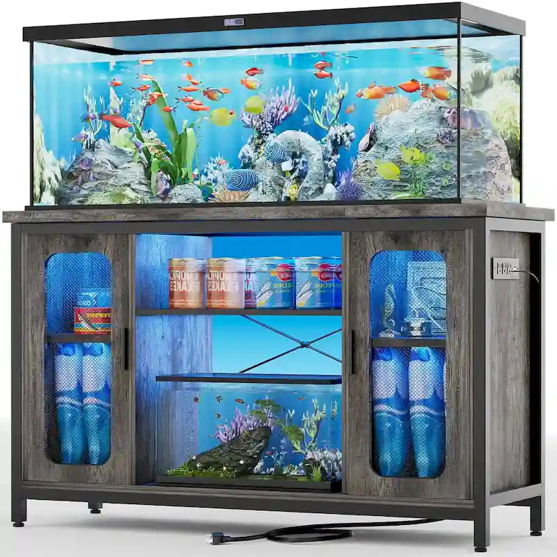 Meuble aquarium 2-en-1 chêne noir/gris avec éclairage LED et prises de courant, 2 réservoirs