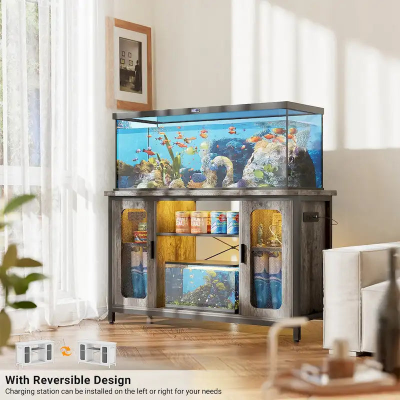 Meuble aquarium 2-en-1 chêne noir/gris avec éclairage LED et prises de courant, 2 réservoirs
