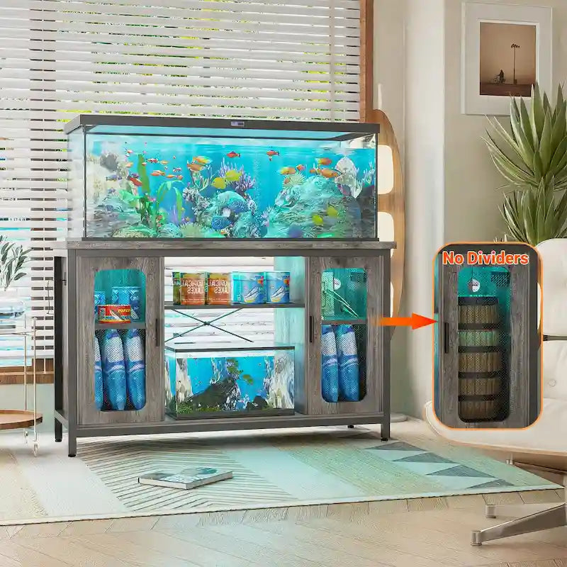 Meuble aquarium 2-en-1 chêne noir/gris avec éclairage LED et prises de courant, 2 réservoirs