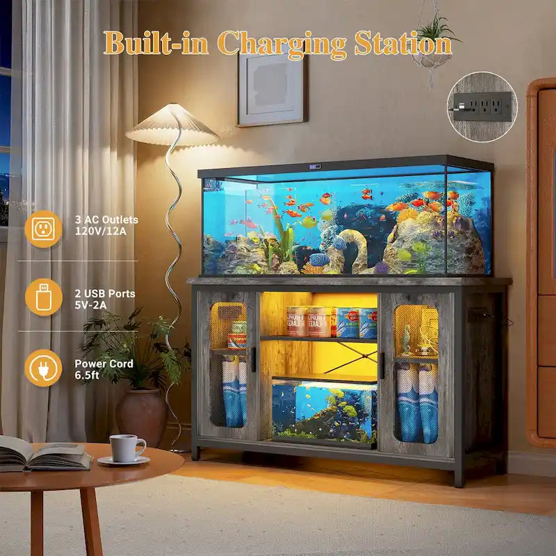 Meuble aquarium 2-en-1 chêne noir/gris avec éclairage LED et prises de courant, 2 réservoirs