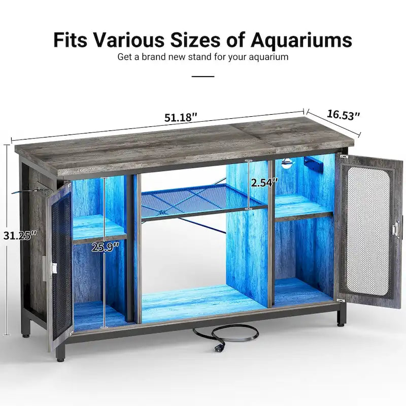 Meuble aquarium 2-en-1 chêne noir/gris avec éclairage LED et prises de courant, 2 réservoirs
