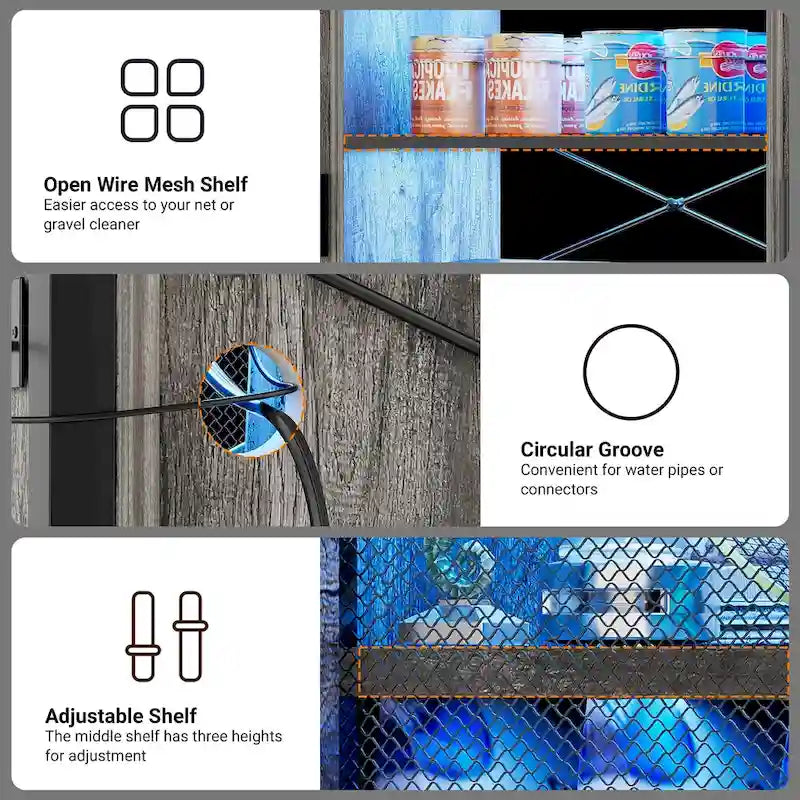 Meuble aquarium 2-en-1 chêne noir/gris avec éclairage LED et prises de courant, 2 réservoirs