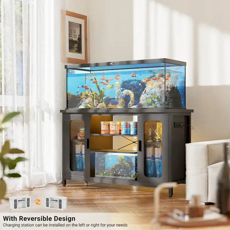 Meuble aquarium 2-en-1 chêne noir/gris avec éclairage LED et prises de courant, 2 réservoirs