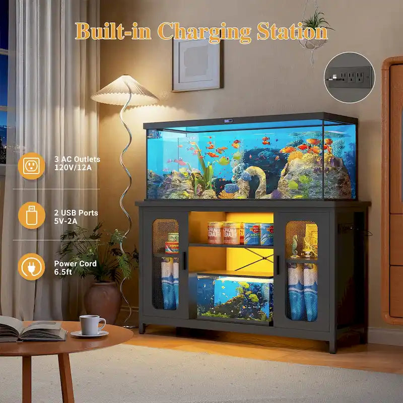 Meuble aquarium 2-en-1 chêne noir/gris avec éclairage LED et prises de courant, 2 réservoirs