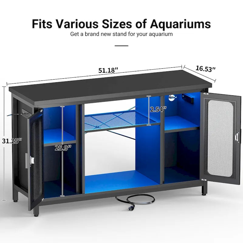 Meuble aquarium 2-en-1 chêne noir/gris avec éclairage LED et prises de courant, 2 réservoirs