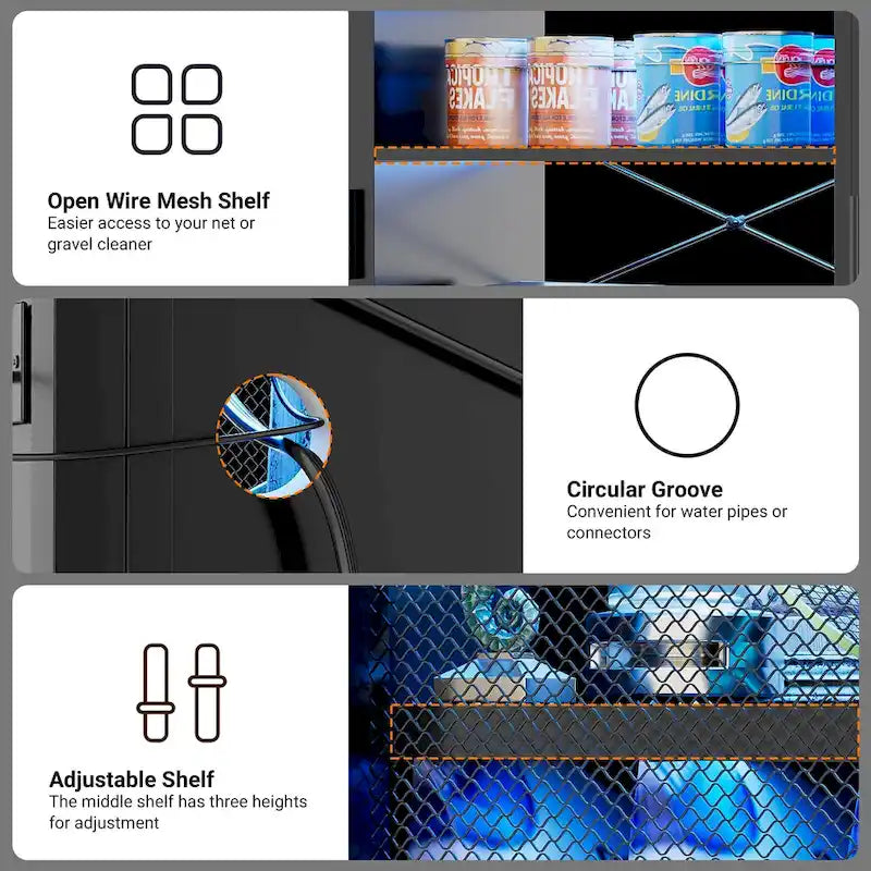 Meuble aquarium 2-en-1 chêne noir/gris avec éclairage LED et prises de courant, 2 réservoirs
