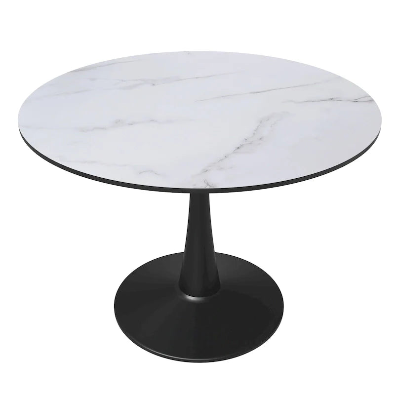 Table à manger ronde sur pied pour 4 personnes, noire / blanche / blanc veiné, plateau en MDF