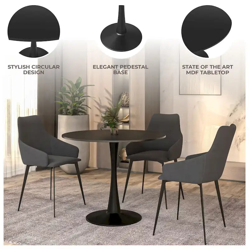 Table à manger ronde sur pied pour 4 personnes, noire / blanche / blanc veiné, plateau en MDF