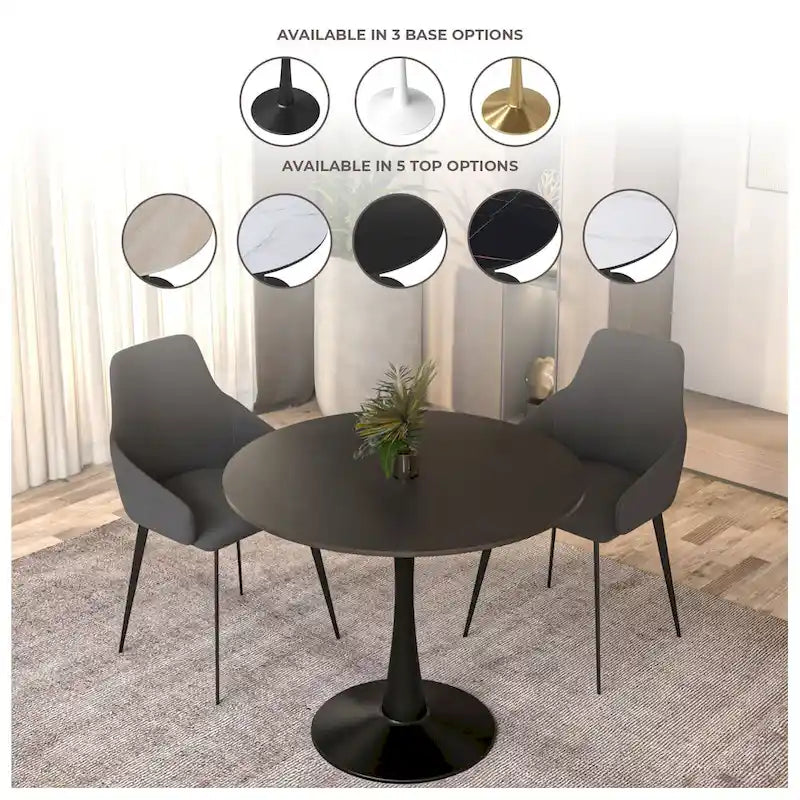 Table à manger ronde sur pied pour 4 personnes, noire / blanche / blanc veiné, plateau en MDF
