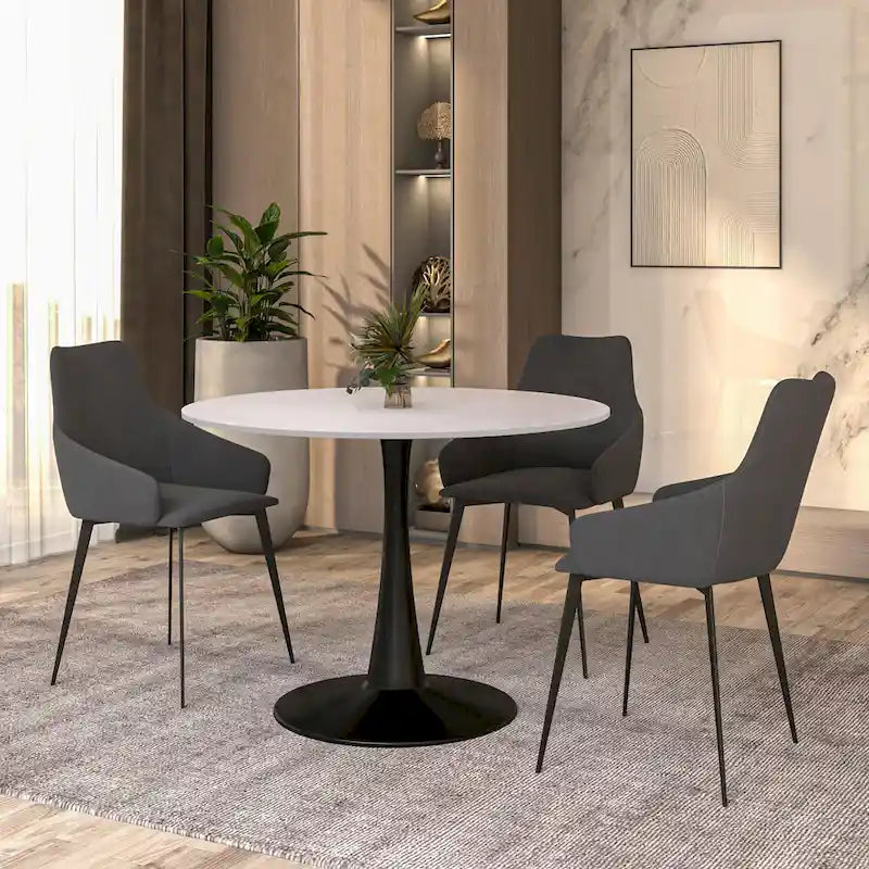 Table à manger ronde sur pied pour 4 personnes, noire / blanche / blanc veiné, plateau en MDF