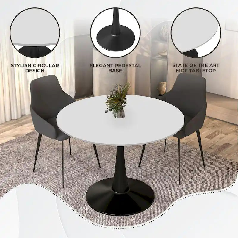 Table à manger ronde sur pied pour 4 personnes, noire / blanche / blanc veiné, plateau en MDF