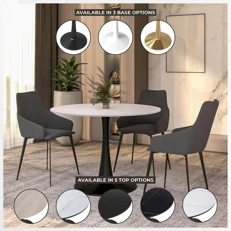 Table à manger ronde sur pied pour 4 personnes, noire / blanche / blanc veiné, plateau en MDF