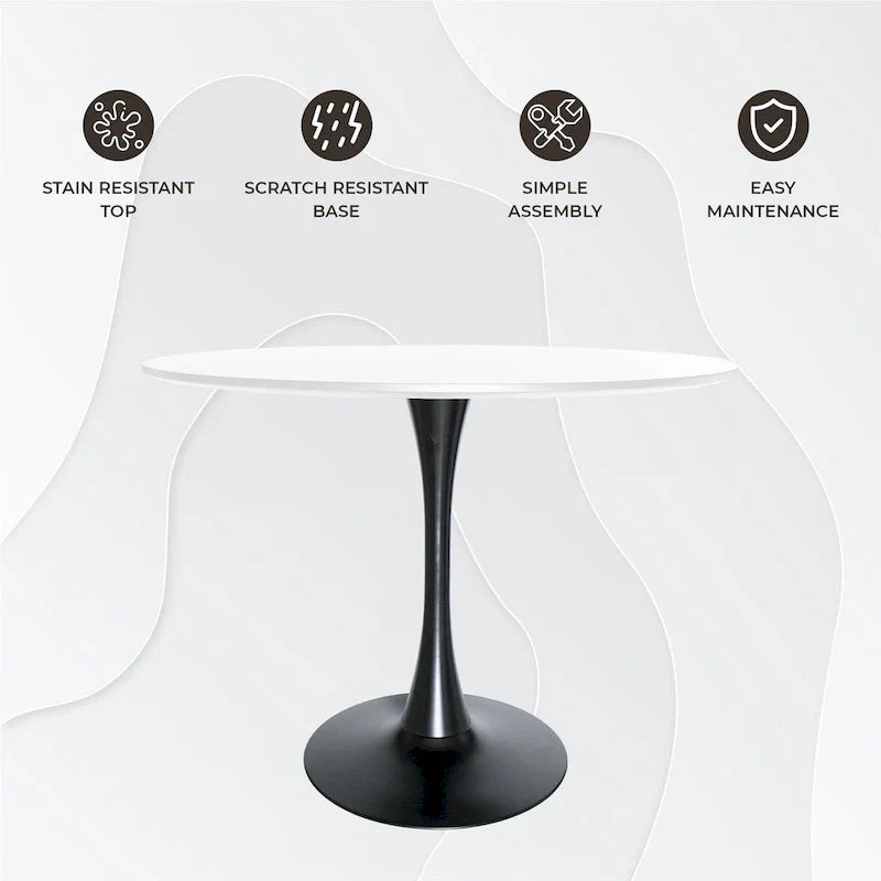Table à manger ronde sur pied pour 4 personnes, noire / blanche / blanc veiné, plateau en MDF