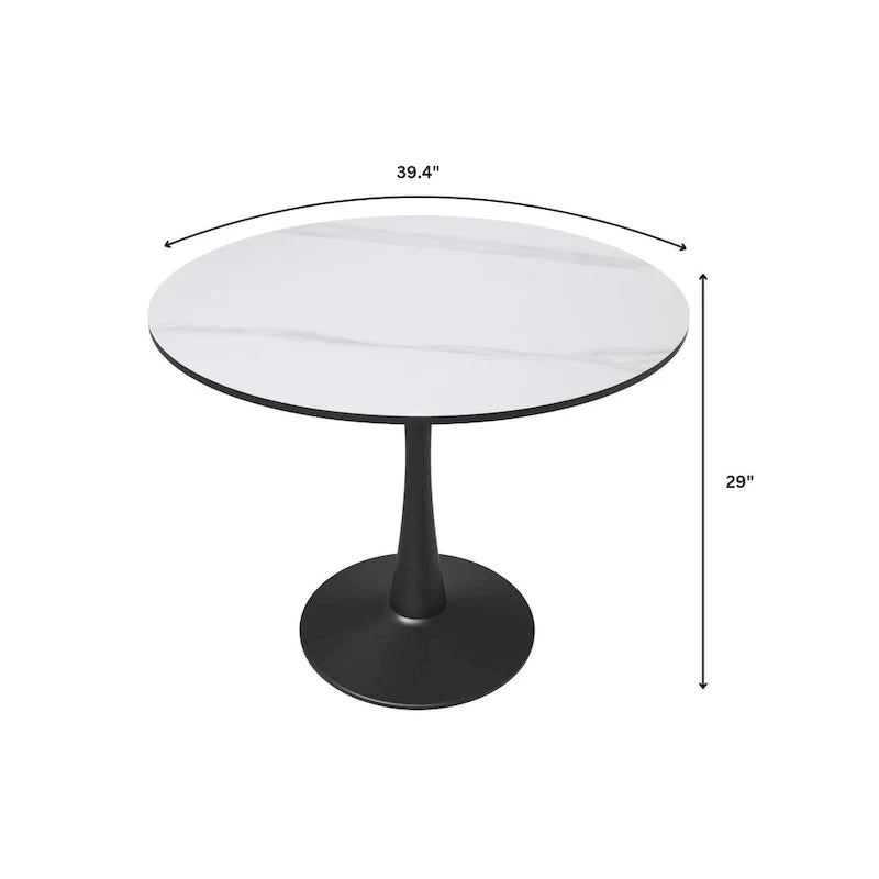 Table à manger ronde sur pied pour 4 personnes, noire / blanche / blanc veiné, plateau en MDF