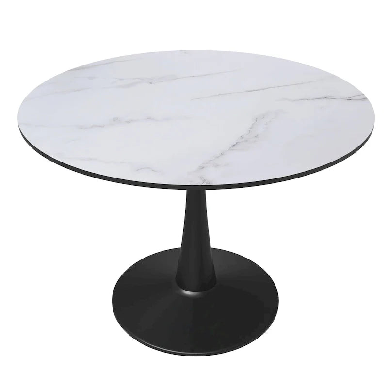 Table à manger ronde sur pied pour 4 personnes, noire / blanche / blanc veiné, plateau en MDF