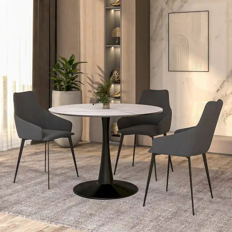 Table à manger ronde sur pied pour 4 personnes, noire / blanche / blanc veiné, plateau en MDF