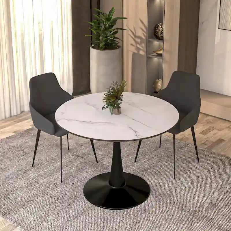 Table à manger ronde sur pied pour 4 personnes, noire / blanche / blanc veiné, plateau en MDF
