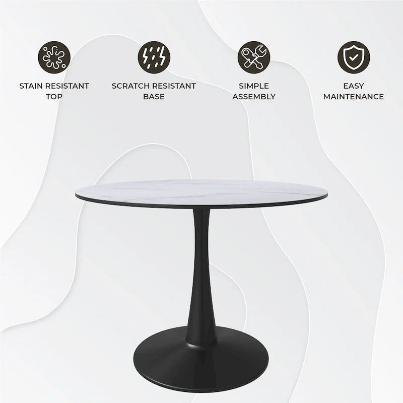 Table à manger ronde sur pied pour 4 personnes, noire / blanche / blanc veiné, plateau en MDF