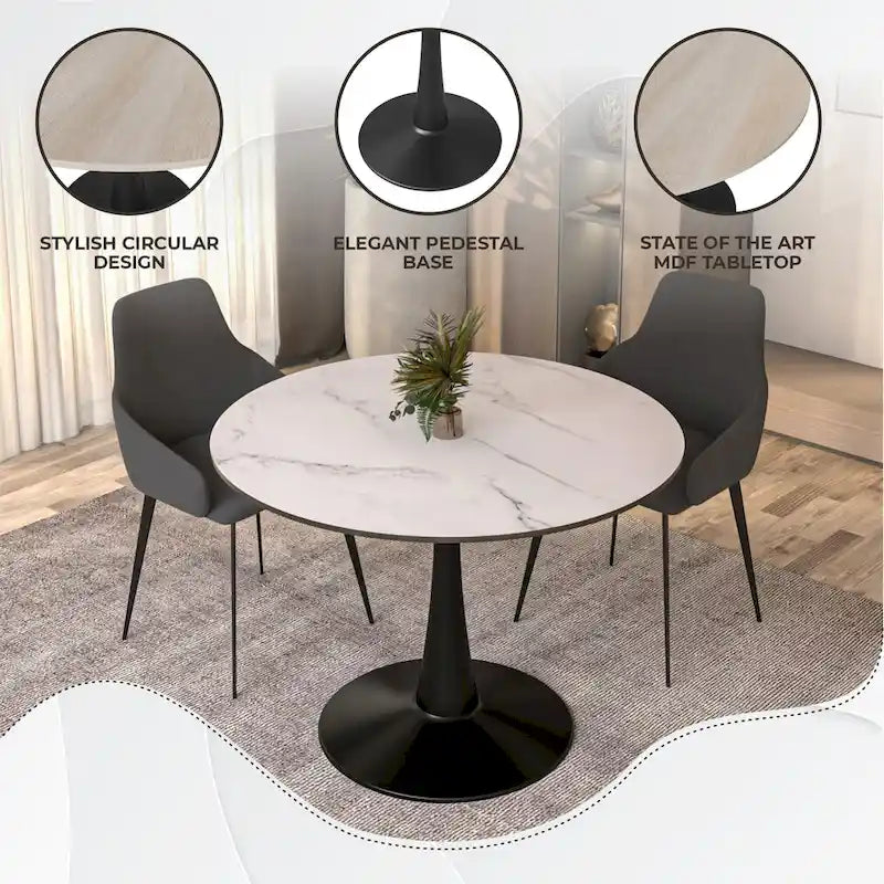 Table à manger ronde sur pied pour 4 personnes, noire / blanche / blanc veiné, plateau en MDF