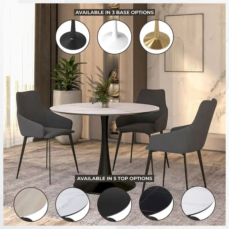 Table à manger ronde sur pied pour 4 personnes, noire / blanche / blanc veiné, plateau en MDF